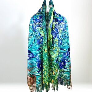 Fine Art Winter Scarf, Van Gogh's Blue Green Reversible Warm Winter Shawl Floral